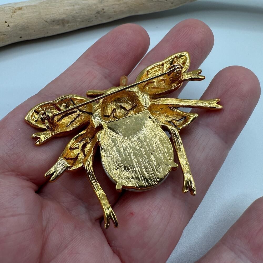 Vintage Gold, Pearl & Rhinestone Bee Insect Brooch Pin - Picture 6 of 9